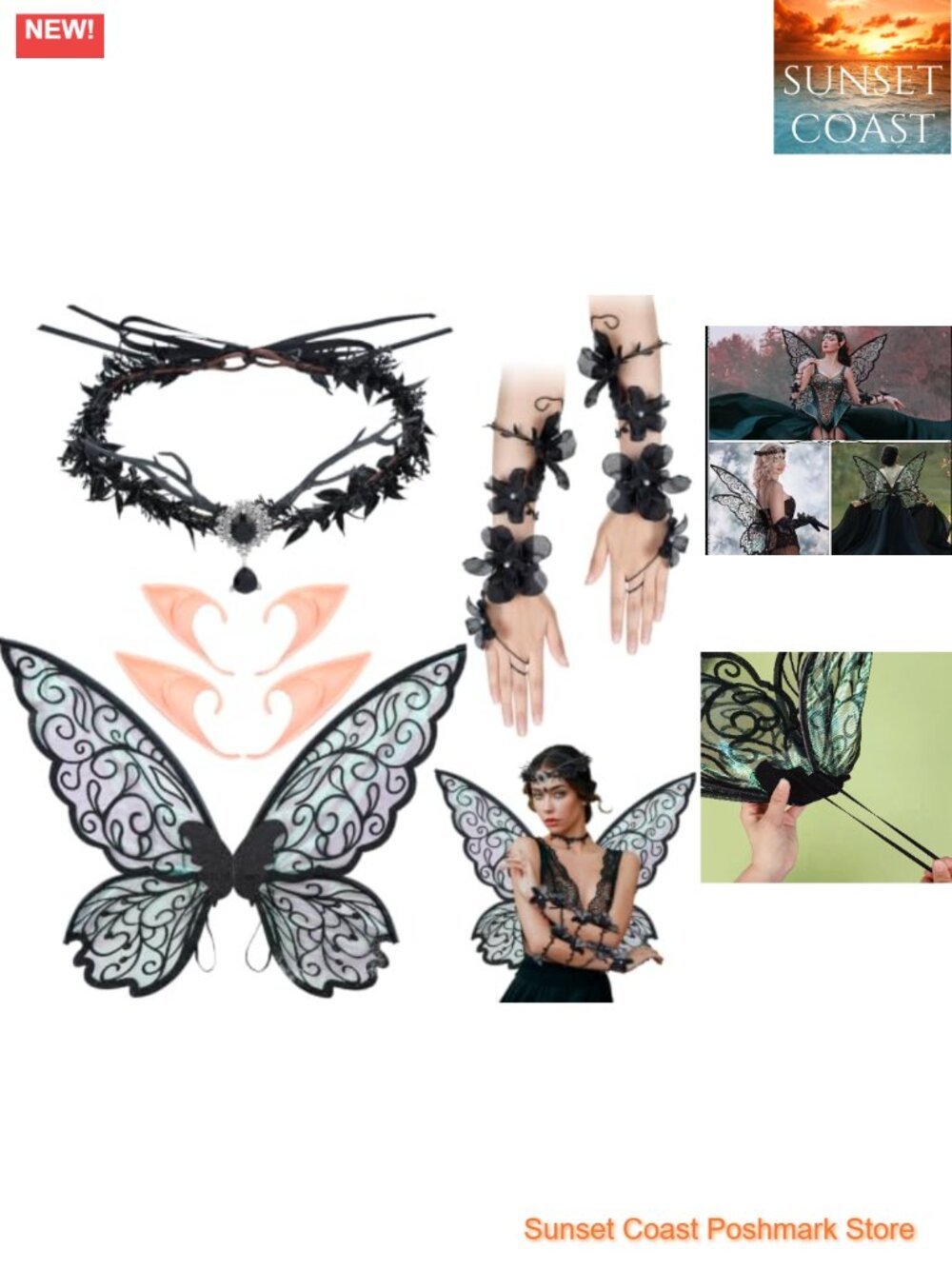 4 Pc Halloween Fairy Wing Costume Set Women Gothic Elf Ears Headband